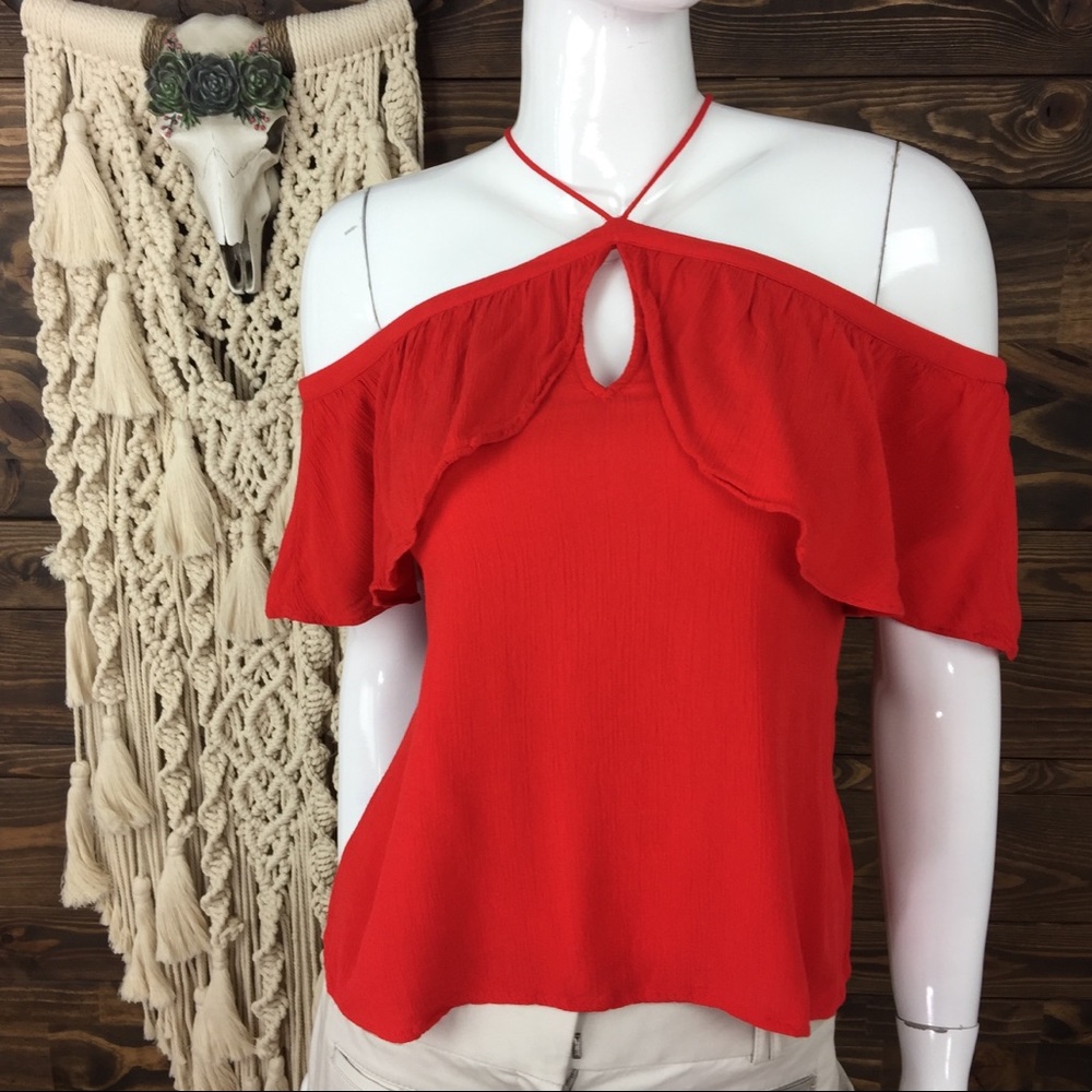 Express | Keyhole Halter Neck Ruffles‎ Tiered Cold Shoulder Blouse Red Cherry